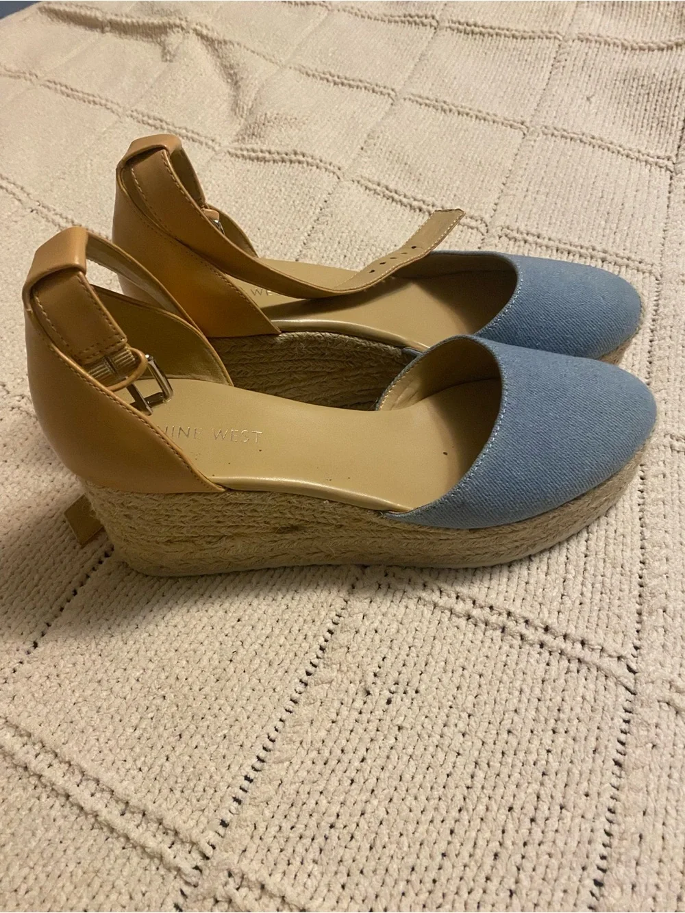 Nine West Light Blue Canvas and Tan Espadrille Wedge Sandals